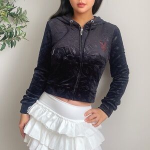 Playboy Black Velvet Rhinestone Logo Zip Hoodie Baby Terry Size M
